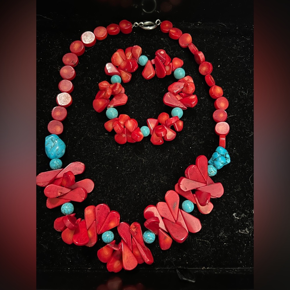 Red and Turquoise Stone Necklace and Bracelet Set